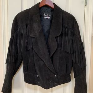 Vintage 80s Black Suede Cropped Fringe Western Jacket - Outerwear by Phoenix